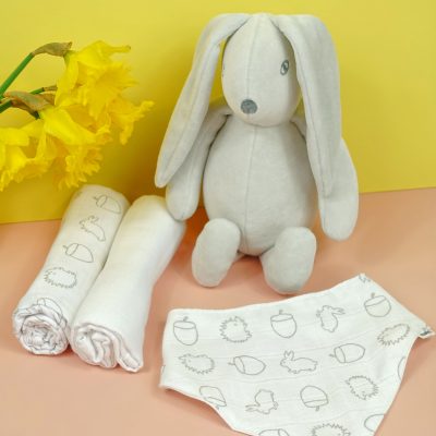 Childrens bunny toy, two muslins and muslin bib