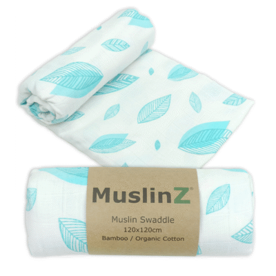 MuslinZ Bamboo/Organic Cotton Muslin Swaddle 120x120cm – NEW Aqua Leaf