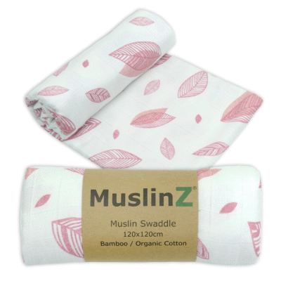 MuslinZ Bamboo/Organic Cotton Muslin Swaddle 120x120cm – NEW Pink Leaf
