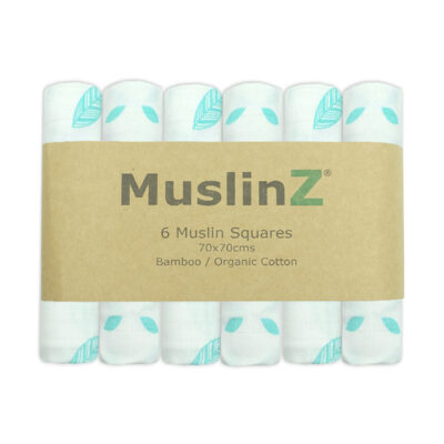 MuslinZ 6 Pack Bamboo/Organic Cotton Muslin Squares 70x70cm – NEW Aqua Leaf