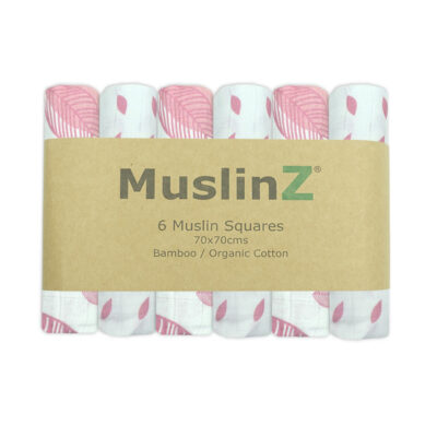 MuslinZ 6 Pack Bamboo/Organic Cotton Muslin Squares 70x70cm – NEW Pink Leaf